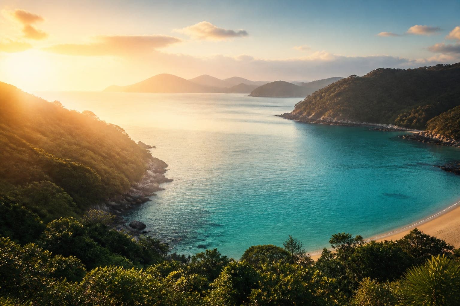 A quiet turquoise bay at sunrise framed by forested headlands